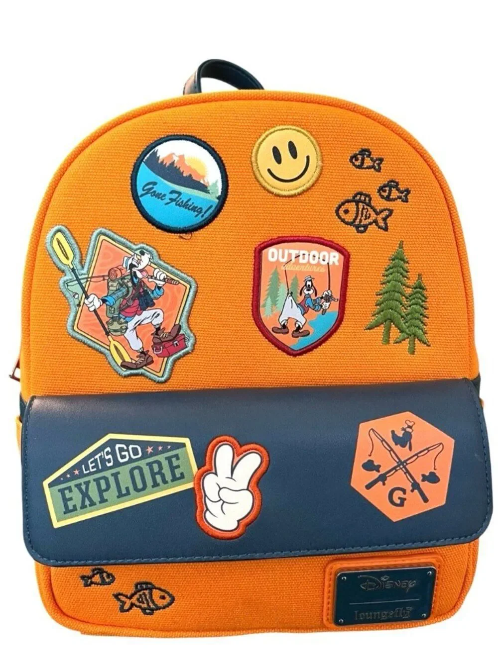 Disney Loungefly Orange Goofy Movie Camping Canvas Mini Backpack Patches NWT